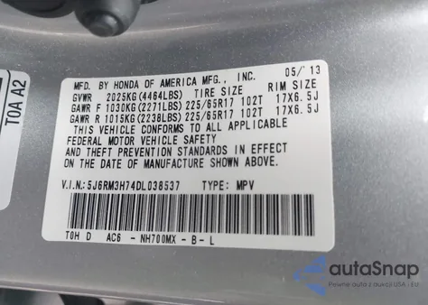 2013 Honda Cr-V Ex-L из США, поврежденный, VIN 5J6RM3H74DL038537